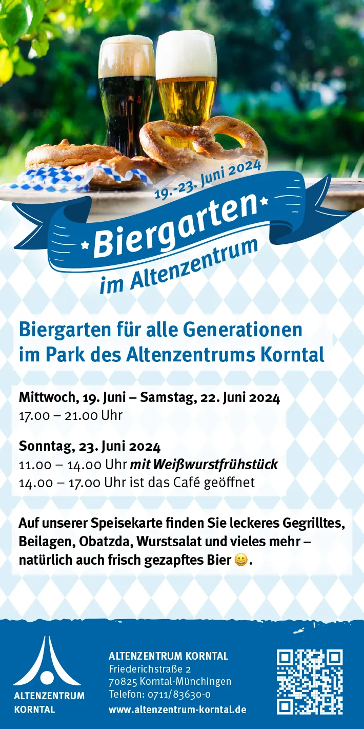 Einladung zum Biergarten im Altenzentrum Korntal vom 19. bis 23. Juni 2024